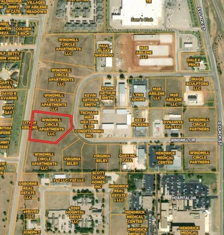 Commercial Property for Sale – Prime Investment Opportunity in Abilene, TX  Location: Abilene, TX Size: 2+ Acres Zoning: General Retail  This 2+ acre commercial property is located in a prime area of Abilene, TX, right next to significant new developments. Offering direct access from both Windmill Circle and Memorial Drive, this property boasts excellent visibility and easy highway access. It's situated adjacent to Hendrick's Hospital, Sam's Club, and numerous dining options, making it an ideal location for businesses looking to capitalize on the area's growth.  The property is zoned for general retail, providing numerous possibilities for building shopping centers, leasable spaces, or other commercial ventures. With flexible options, the property is also available in five separate parcels, allowing for customized development.  This is a growing area with high foot traffic, close proximity to healthcare, retail, and dining hubs, and is ideal for retail, office, or mixed-use development. Easy access to highways and major roads makes this location highly desirable for investors looking to make a strategic move in Abilene's commercial sector.  Don't miss out on this exceptional investment opportunity. Seller is willing to sell this lot individually or as part of a package with the two adjoining lots. See MLS #20782608 and MLS #20782646 for additional parcels available.