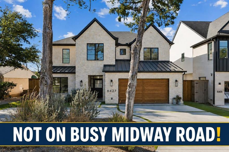 ATTENTION: THIS IS NOT LOCATED ON BUSY MIDWAY ROAD.  Please map it.
Little Midway is a quiet, tree-covered street in the Cresthaven development of Bluffview. Just two years old this home blends timeless design with modern luxury and exceptional functionality. Offering four bedrooms, all with ensuite baths, and four and a half baths, the thoughtfully designed floor plan features a serene first-floor primary suite with a spa-like bath, oversized closet, and a convenient secondary utility room. White oak floors flow throughout the home, complemented by current neutral paint, automatic shades, and an abundance of natural light streaming through expansive windows.

Designed for both everyday living and entertaining, the home includes an office, a media room, a large playroom, and an upstairs built-in office or craft space. Storage is exceptional, with two massive storage rooms, large walk-in closets in every bedroom, and additional storage closets throughout. The two-car garage is equipped with dual EV chargers, and an additional front parking pad adds everyday convenience.

Outdoor living is equally impressive, with turfed front and back yards, a covered outdoor living area, and extended backyard patios—perfect for relaxing or hosting gatherings. Ideally located just five minutes from Dallas Love Field, with easy access to the Dallas North Tollway and downtown, and close to premier shopping and dining at Inwood Village, Preston Center, and Central Market, this home offers luxury living in one of Dallas’s most desirable neighborhoods.