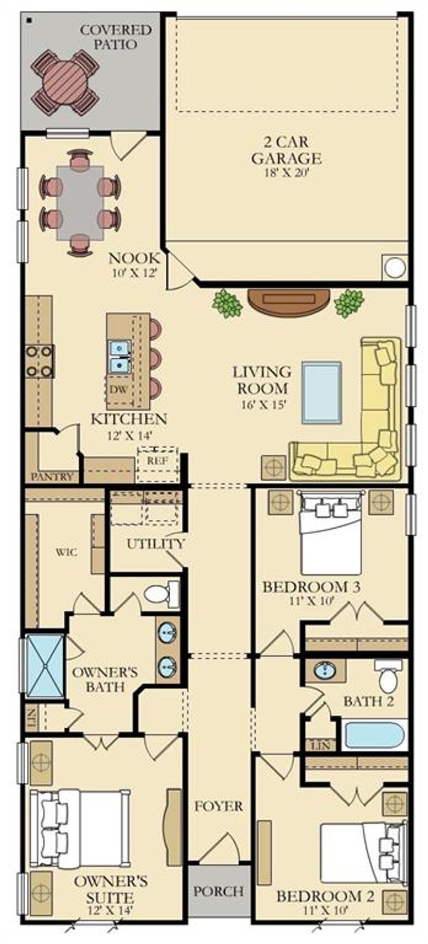 This single-story home has a convenient layout with all the essentials on one floor. Two bedrooms share a bathroom in the hall at the front of the home. The owner’s suite is across the hall with a private bathroom and walk-in closet. Down the hall is the open concept living room, kitchen and breakfast nook which offers access to the garage, as well as a covered patio.