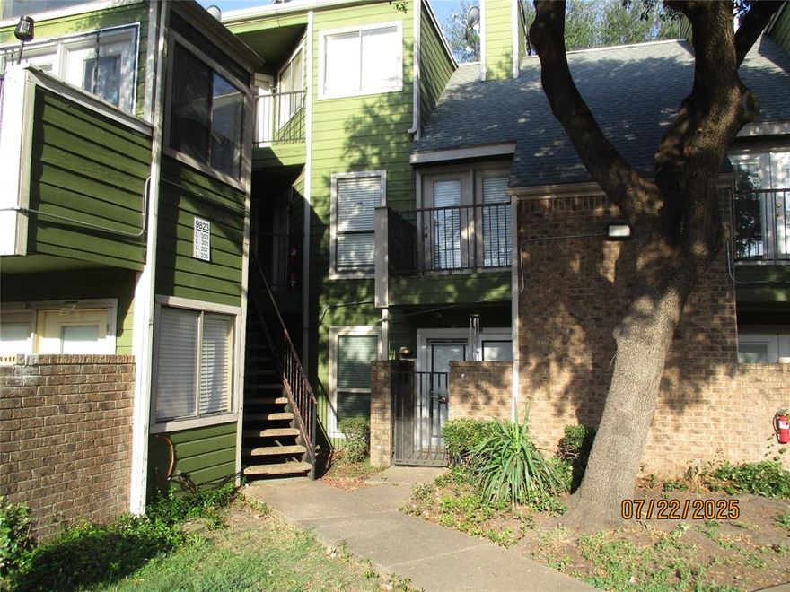 Nice 2 bedroom 1 bath condo located on the second floor. beautifully remodeled bathroom has a new sink, vanity, shower tile and tub. Updated flooring throughout with vinyl plank flooring. Spacious living room with cozy wood burning fireplace. Upstairs loft bonus room for storage. Great location with close proximity to Richland College, the High Five and shopping. DART bus stop is right out front of the complex. Seller will pay the HOA special assessment through July 2026 with an acceptable offer.