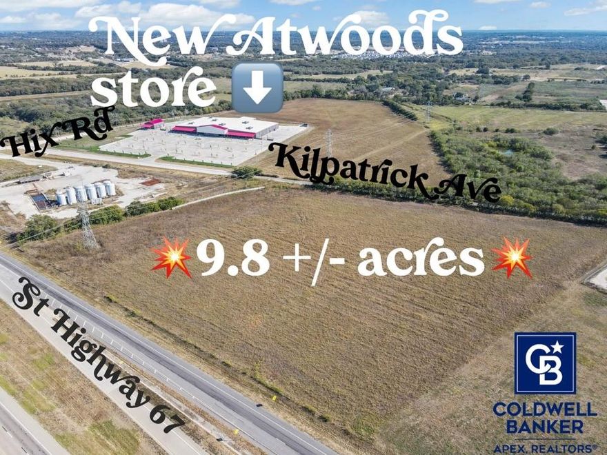 COMMERCIAL DEVELOPMENT OPPORTUNITY. Frontage on Highway 67 access road and frontage on Kilpatrick St. Prime location on the south side of of Hwy. 67 loop (E. Katherine Raines Pkwy.) and on the north side of Kilpatrick St. just east of Chisholm Trail Parkway and west of Hwy. 174 (N. Main St.) in Cleburne. Located just northwest of a new Atwood's Ranch & Home Goods store that is under construction. The subject property is located within the city limits and is currently zoned Interim Holding District (IH) and lies within the Freeway Overlay District. This property is included in the City’s Zoning Realignment Project and is proposed to be rezoned to the Agricultural District (AG) by the end of this year. According to the Future Land Use Plan for the City of Cleburne, this property is designated within the Major Corridor District. Please see the description of this district in supplemental documents, along with the recommended zoning districts that align with its intent.  There is an existing 8” water line on the south side of Kilpatrick. Property is currently utilized for agricultural purposes and is relatively flat. This area of Cleburne is poised for substantial growth. Conveniently located with easy access to Chisholm Trail Parkway, Hwy 174 (Main St.), Hwy 67, and Nolan River Road.