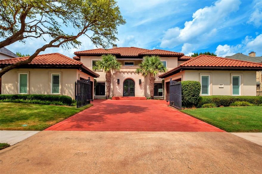 Exceptional opportunity to relax and enjoy life in this modern-Mediterranean estate located in Pebble Brook at Willow Bend with gorgeous views of the Queens eighth hole on The Gleneagles Golf Course. Designer choices set this home apart from all others in its class. Meticulously maintained and updated with plenty of open, usable space. The main level, with two adjoining living areas, boasts lofted ceilings, Italian limestone floors, an updated kitchen, and is framed by boundless windows overlooking the best view of Gleneagles golf course, a resort-style pool, and fire pit. The main level also features the primary suite enveloped by a gorgeous, coffered ceiling, and is accompanied by a large walk-in closet and brand new spa-style bathroom.  The second level boasts three additional bedrooms, each with its own ensuite bathroom, a game room, media room and balcony opening to a panoramic golf course view. A spacious four-car garage is fitted with a Tesla fast charger.