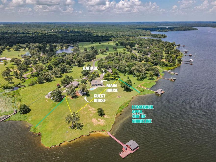 Welcome to your dream lake retreat! This fantastic property sits on 3.5+ acres of peaceful, scenic land located on a beautiful peninsula on world-famous Lake Fork. Over 700 FEET of shoreline. Whether you're looking for a full-time residence, weekend escape, or income-producing getaway, this unique property has it all.

The updated main house offers 3 spacious bedrooms and 2.5 bathrooms. The large open living area creates the perfect place to relax or entertain, with plenty of natural light and room to spread out. The eat-in kitchen is both stylish and functional, featuring granite countertops, updated appliances, and ample storage. Just off the kitchen, you’ll find a generous laundry and storage area that adds extra convenience.

Step outside and enjoy the oversized porches on both the front and back of the home—perfect for morning coffee, evening sunsets, or gatherings with friends and family. The backyard includes a refreshing pool, creating the perfect place to cool off or unwind during the warm Texas summers.

A separate guest house sits on the property and includes 2 bedrooms, 1 full bathroom, a full kitchen, and a spacious living area. This extra space is ideal for visiting family and friends or can serve as a fantastic source of rental income, whether short-term or long-term.

The property also includes a large garage with unfinished living space above, offering the potential for even more room or a future apartment or game room.

For those who love to fish or enjoy time on the water, the large boat dock is fully equipped for world-class fishing and lake adventures. Whether you’re heading out for trophy bass or just enjoying a sunset cruise, this setup makes lake life easy and enjoyable.

With thoughtful updates throughout, this property is move-in ready and well-maintained. Plus, the leaseback on the waterfront is only $65 per year, offering incredible value.

Don’t miss this rare opportunity to own a piece of paradise on Lake Fork!