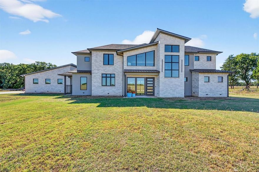 Now available in three separate purchase options!  Owner will separate! Purchase the house and 20.00 acres, or the house and 94.955 acres, or owner will separate approximately 75 acres from the house. This 3-bedroom, 3.5-bath, 3,554 sf modern masterpiece and 20 acres of land, with 75 additional acres available, present endless possibilities for buyers seeking a blend of sophistication and rural charm. Situated at the end of a quiet road with large neighbors, this property is one of the finest offerings in North Texas. The home features soaring ceilings in the kitchen and living area, oversized home office off the master suite with a striking stone fireplace, and striking concrete floors. The kitchen showcases a massive island with waterfall edges and room for casual dining, top-of-the line appliances, and tons of storage, while the dining area abuts expansive windows, bringing the outside in. The downstairs master features separate vanities and walk-in closets, and a massive corner shower.  Custom floating stairs lead to an open loft and two spacious upstairs bedrooms, each with full bath and walk-in closet. The oversized 3-car garage includes a storage closet and washer-dryer connections. The massive back porch overlooks magnificent oaks and the pond below, which attracts deer and turkeys and serves as your gateway to the great outdoors. The back of the property borders Hagerman NWR, ensuring perpetual privacy. Located near major highways and the projected North Dallas Tollway, just over an hour from DFW Airport, 10 minutes from Whitesboro, and 20 minutes from Sherman, there is easy access to urban amenities while maintaining a peaceful retreat. This property is perfect for those who value luxury, privacy, and the great outdoors. Whether you seek a family estate, a working farm, a hunting retreat, a serene sanctuary, or all of the above in one package, this property delivers endless possibilities.
