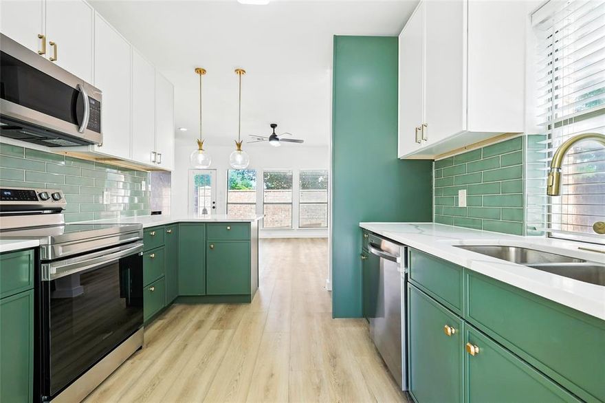 Welcome to 1800 Hyde Park Ct, a beautifully remodeled 3-bedroom, 2.5-bath, 2-story home hidden away in a private cul-de-sac with no HOA, offering peace, privacy, and freedom in Flower Mound. The heart of the home is a stunning designer kitchen featuring two-tone cabinetry, brushed gold hardware, quartz countertops with elegant gray veining, and a bold green subway tile backsplash that adds the perfect pop of color. Stainless steel appliances, stylish pendant lighting, and open flow into the living area make this space ideal for entertaining. Anchored by a dramatic black marble fireplace, the living room is filled with natural light from oversized windows. The spacious primary suite provides a serene retreat with tall ceilings and wide-plank flooring. Its spa-inspired en-suite bath showcases a sleek dual vanity with gold accents, a walk-in glass shower wrapped in marble tiling, and a freestanding soaking tub beneath a sunlit window. Two additional bedrooms are generously sized and paired with updated jack & jill baths featuring modern finishes. Throughout the home, attention to detail shines — from designer fixtures and lighting to seamless flooring that unites every space. Outside, the low-maintenance yard offers a private brick-walled patio shaded by mature trees — perfect for entertaining or relaxing without the upkeep. This property sits in the highly sought-after Flower Mound ISD and is just minutes from Grapevine Lake, Parker Square, DFW Airport, and local dining and shopping, giving you the ideal blend of tranquility and convenience. Don’t miss your chance to own this one-of-a-kind home where thoughtful design, location, and lifestyle converge. Be sure to check out the virtual tour and come see it for yourself! All brand new energy efficient windows installed!