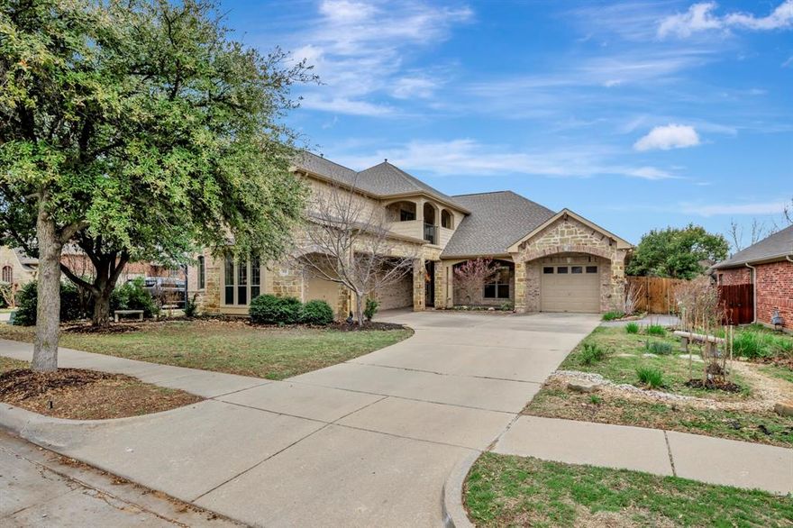 This beautiful home offers four bedrooms, three bathrooms, and a spacious three car garage on a quiet street with minimal traffic. The brick and stone exterior is complemented by a stunning Japanese maple in the front yard, creating eye catching curb appeal. A hardscape sidewalk leads to the back patio, and the home sits just one block from the neighborhood playground, pond, and trailhead, making it easy to enjoy the outdoors. Inside, vaulted ceilings and an open floorplan create a bright and inviting atmosphere. The large kitchen is designed for both everyday living and entertaining, featuring a generous island, granite countertops, and a gas cooktop. The dining room includes a stunning chandelier that will stay with the home. The living spaces flow seamlessly, while the media room includes extra shelving for storage and organization. A balcony provides an elevated view and a perfect place to unwind. The spacious primary suite offers a relaxing retreat with dual vanities, a walk in closet, a separate shower with bench seating, and a jetted tub. The flexible floorplan includes an en-suite entrance with a secondary bedroom upstairs, making a perfect guest suite. Step outside to a backyard designed for year round enjoyment, creating a private space to relax or gather with friends and family. Conveniently located near shopping, dining, and entertainment, this home is just minutes from H-E-B, Costco Wholesale, and the many options throughout the Alliance and Presidio areas. Homes with this combination of space, location, and charm do not come along often, so schedule your private showing and experience everything this home has to offer.