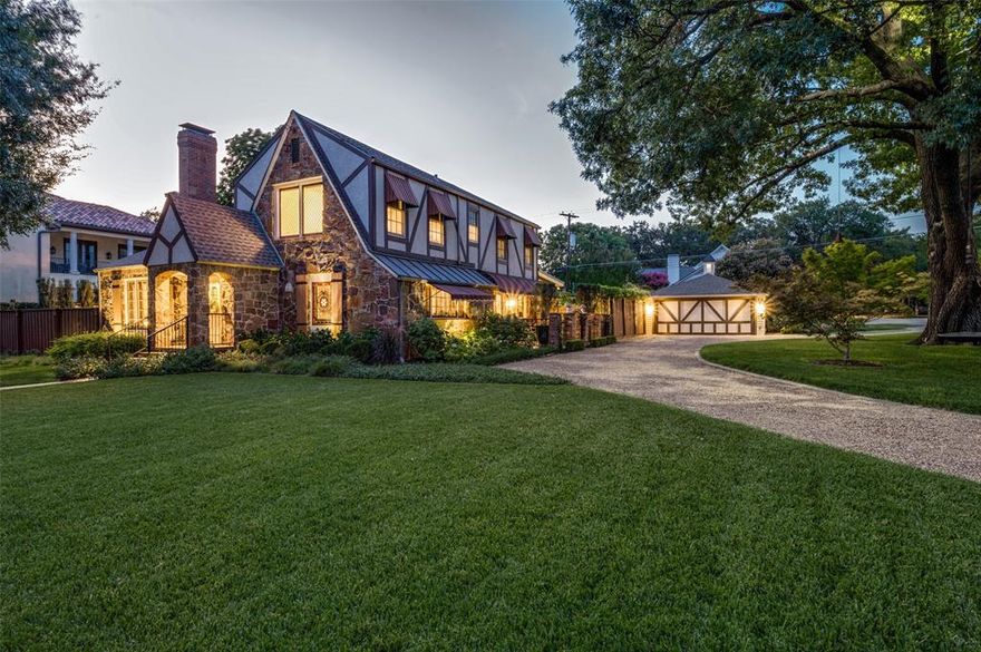 This Tudor-style home in Preston Hollow just oozes with character. The fieldstone-clad home sits on an oversized (110 x 150) lot, at an unusually quiet corner. Built in 1935 and renovated in 2016, the home features 11 stained-glass windows.  The curb appeal, trees, and landscaping are nothing short of fabulous. Recent updates included the addition of a large (392 sf per TAX; not included in quoted AC'd sf)) screened-in porch that is a fabulous all-weather, indoor-outdoor space. Adjacent is a covered grilling area. With landscaping designed by Robert Bellamy and outdoor lighting by Lentz Lighting, the feel is a 10, day or night. The interior features a loaded kitchen with copper countertops, Wolf gas range, Subzero refrigerator, Bosch dishwasher, wine cooler and warming drawer. The formal living and dining areas are large and welcoming. A flex space on the 1st level is ideal for a home office or play area for children. The master bedroom suite is quite roomy, with 2 sitting areas, and a sizeable bath area, including walk-in closets. A peaceful, private garden sits just outside this bedroom area. Upstairs are 2 bright, spacious bedrooms. The rear yard is a treat, with meticulously executed landscaping and multiple fun spaces - open patio, covered grilling area, and a wonderful gazebo with fountain. A discreet-but-handy storage shed is located at the rear of the yard. And a storage room is also located at the rear of the 2-car garage. Seller's survey reflects accurate lot boundaries, but not the addition of the indoor-outdoor space. Please see Transaction Desk for offer instructions.