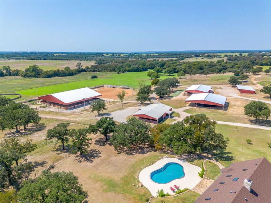 Nestled in the heart of the cutting horse capital of the world, this stunning 122-ac property is a dream for any cutting horse enthusiast. Described as highly functional, efficient, and meticulously maintained, it offers everything you need. Just 40 min from the Will Rogers and mere minutes from the nation's top veterinary care, this property is perfectly situated for your cutting horse needs. The residence is 3,413sqft, offering a comfortable and welcoming atmosphere and is move-in ready The property features 2 barns, a 4-stall and 10-stall, each equipped with runs, flanking a six-horse walker, all overlooking a generous 175 x 200 arena. A covered 125 x 125 section of the arena connects directly to cattle pens and pastures, making it a versatile space for training and events. Unique to this facility is a 50k gal rainwater catchment system used to irrigate the arena and provide water for livestock troughs throughout the ranch. Accommodations for guests and staff are ample, including a newly renovated barn-dominium, a cozy small cabin, and a newer single-wide mobile home that offers rental income potential or comfortable housing for employees. Grindstone Creek meanders through the southwest corner of the property, nourishing the fertile soils essential for exceptional coastal Bermuda and native grass production. The ranch's water system is a standout feature, supplied by two water wells, Parker County SUD, the aforementioned rainwater catchment system, and multiple stock tanks. Additionally, and included in the 122 acres, an adjacent 17-ac parcel can operate independently or in conjunction with the main estate. It includes a charming three-bedroom, 3-bed, 3-bath home with 1,694 sqft, an 8-stall barn, and a 125 x 125 arena connected to pens and a loading chute. Various traps and loafing sheds enhance the functionality and usability of this impressive ranch. Discover the perfect blend of comfort, convenience, and capability in this exceptional cutting horse property!