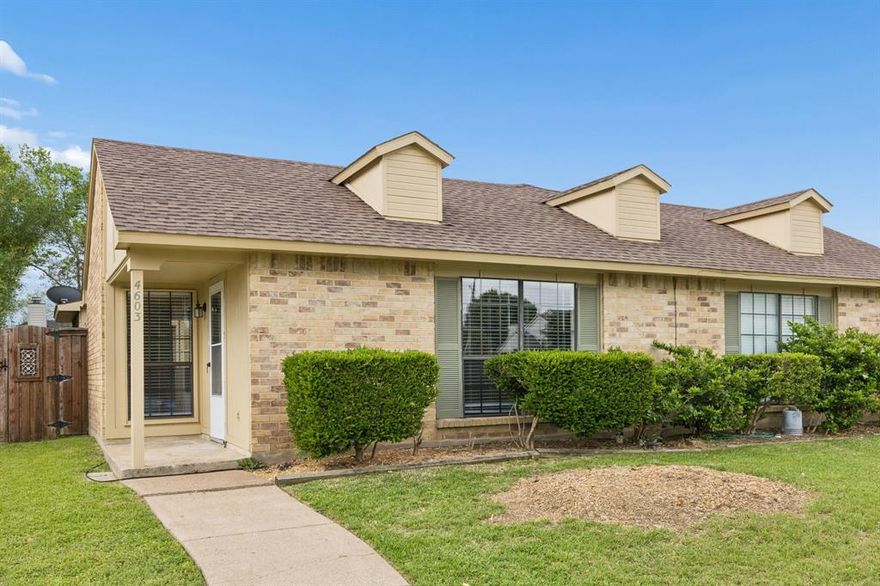 Vaulted ceilings, tile and wood like flooring in common areas. Carpet replaced April 2026.  Open concept with kitchen overlooking living area and dining area and has breakfast bar, microwave, dishwasher, electric oven, and refrigerator. Full size washer and dryer area. Primary bedroom is spacious. The bathroom is updated with a marble countertop, dual sinks and medicine cabinet. Dining area and second bedroom have view of patio. Window coverings, lots of natural light, energy efficient central air and heat, roof replaced in 2018. Small storage shed in backyard. Alley access with parking behind the home. Seller has a survey.  No HOA. Convenient to shopping, dining, nearby parks, golf course, and Lewisville Lake. Minutes away from Grandscape. Easy access to FM 423, Highway 121 and North Dallas Tollway and major employment centers.