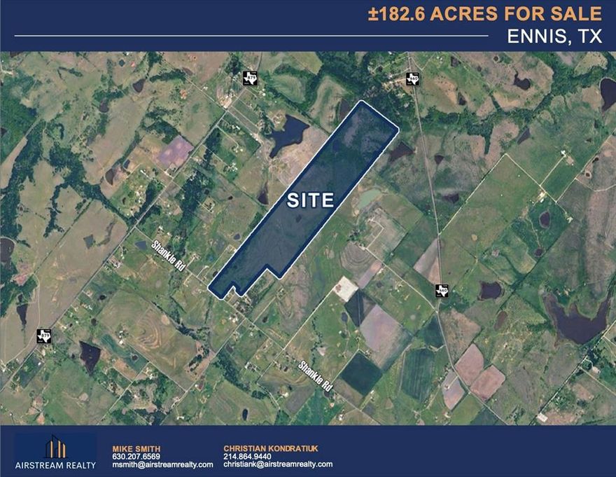 ±182 Acres, Shankle Rd, Ennis, TX
-Size: ± 182.60 Acres
-Property ID: 178878
-Zoning: Outside of Palmer ETJ
-Price: $19,500 Per Acre
-Property is not in a flood plain.
-Sewer permit issued by TCEQ for 500,000 gallons per day — sufficient to serve substantially more than just this property.
-Current Project Proposed Development: 90 lots of 2 acres each and drill wells for the water.
-Rapidly growing area: strong regional population growth and expanding infrastructure in Ellis County.