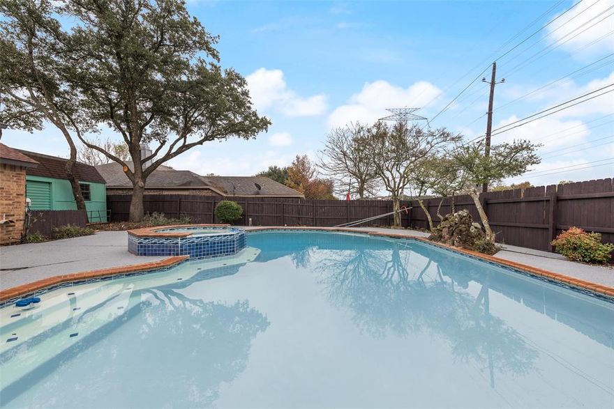 Newly remodeled one story 4-bedroom, 2 bath home with newly plastered swimming pool in a quiet neighborhood. Desirable floor plan with private master bedroom suite situated apart from the other 3 bedrooms. Many updates and upgrades with high end touch includes Popcorn ceiling and wallpaper removed throughout the house and replaced with matching texture. Fresh paint inside and out. New hard surface LVP flooring throughout that is pets and kids friendly. New spa like bathrooms featuring frameless shower door, modern soaking tubs and new vanity cabinets. New stainless-steel appliances and quartz kitchen countertop. New ceiling fans, light fixtures, front door, locksets, and plumbing fixtures. New Carrier HVAC system that new owner can register for up to 10-year manufacturer warranty. Oversized 2 car garage, pruned mature trees and two storage sheds to keep organized. Close to schools, parks, shopping, fine dining and major highways. Backs to huge green space field.