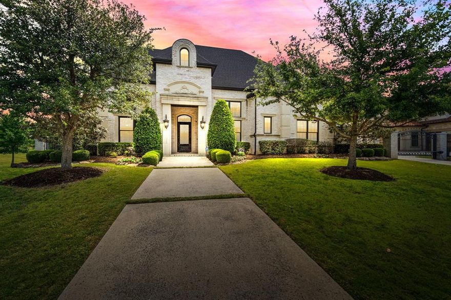 LOCATION! PRIVACY! This timeless French full masonry custom home w- cast stone is situated in Southlake's highly desirable Stratfort Gardens & located near the areas best shopping & conveniences. The lg kitchen boasts light granite dbl Ogee edge, Subzero refrigerator-freezer, Viking dbl ovens & 6 burner cooktop w- griddle & Viking warming drawer. The kitchen & breakfast area open to the 2 story family rm – all overlooking the bckyd saltwater pool w-beach entry. The equipped media rm, powder rm & 4 car garages are off of the main living areas. The Primary bdrm ste has beautiful wood floors, extensive trim, sep sitting - reading area & a coffee bar area w- refrigerator. The primary bathrm has 3 sep vanities all w- new Taj Mahal Quartzite countertops, jetted spa tub, large sep shower & massive closet. The staircases lead up to 3 large bdrms,3 baths & 2 lg game rm areas, built in desk area, bar area, & a lg balcony facing N. Upstairs is spacious-functional & has Karastan carpeting.