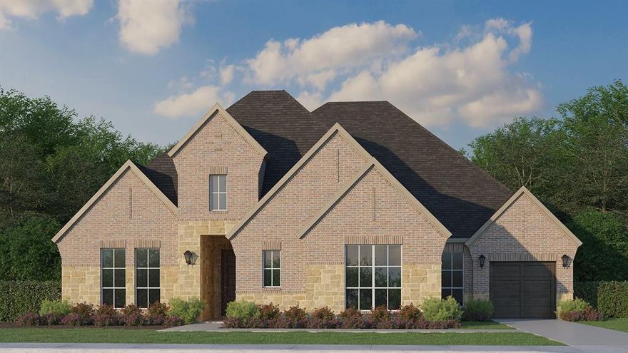 Beautiful 1 story home with 4 bedrooms, 4 full baths, 1 powder bath, dining area, game room, media room, outdoor living area and 3-car split garage. Thoughtfully designed with your family in mind, this fabulously designed plan has everything you need! As you enter the foyer from your extended porch, you can easily access three secondary bedrooms, each with their own walk-in closet and full-size bathroom. Continuing through the foyer, you will enter the gourmet kitchen that has been designed to be the heart of the home and is complete with a large center island, ample counter space and a tucked away pantry, laundry room as well as a planning desk. Enjoy preparing your meals with views into the dining and living areas. In the family room, your attention will be drawn to the gorgeous center fireplace and cathedral ceilings, complete with access to the huge outdoor living space via 15' sliders. The spacious game room overlooks the main living area and gives you access to the private study located on the opposite side of the home. The main bedroom offers the perfect retreat for relaxation! Bathe in natural light from the wall of windows and enjoy the amazing en-suite bathroom with dual vanities, soaking tub and two walk-in closets. This home also showcases a 3-car split garage.