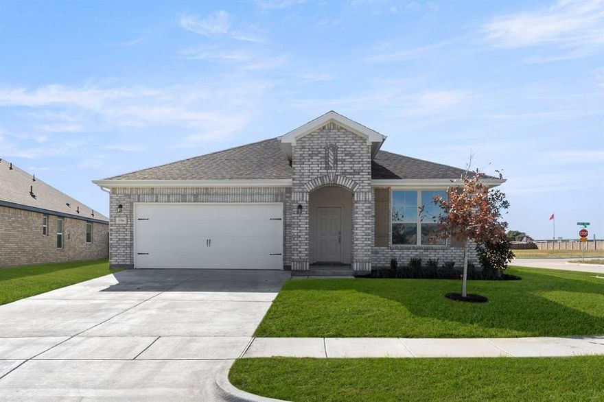 MLS# 20993607 - Built by HistoryMaker Homes - Ready Now! ~ Ready Now! Take advantage of a 4.99% FHA fixed rate on this beautifully designed home by HistoryMaker Homes, located at 106 Drovers in the Burgess Meadows community of Cleburne. Situated on an oversized 50-ft-wide corner lot, this home offers excellent curb appeal with brick on the front and sides. The open floor plan features low-maintenance luxury vinyl plank flooring throughout the main living areas. With 4 bedrooms and 2 bathrooms, the home provides ample space for comfortable living. The spacious primary suite includes a large 60-inch shower and a huge closet for all of your storage needs. The kitchen is a chef’s dream, showcasing upgraded cabinetry, a stylish backsplash, and a large quartz island that overlooks the family room. The dining nook easily accommodates a large table, making it ideal for gatherings. Step outside to a covered patio and enjoy the spacious backyard. A full sprinkler system and full sod are included. Residents benefit from a low tax rate and low annual HOA, along with access to community amenities including a fishing pond, fire pit, grill, large pavilion, and dog park.