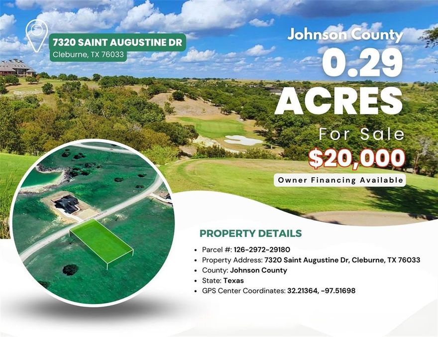 Title: Live the Luxury Golf Life ? 0.29 Acres in The Retreat, Johnson County, TX!

Description: 

Here?s your chance to own a beautiful 0.29-acre lot in the exclusive Retreat Phase 3 subdivision ? a premier gated golf community in Johnson County, Texas. Nestled just 14.3 miles southwest of downtown Cleburne, this property offers both peaceful living and resort-style amenities in a community known for its natural beauty, rolling hills, and luxury homes.

Located at 7320 Saint Augustine Dr, the property is surrounded by lush landscapes, winding roads, and well-maintained golf fairways. Whether you?re planning to build now or invest for the future, this land provides the perfect canvas for your dream home in one of N