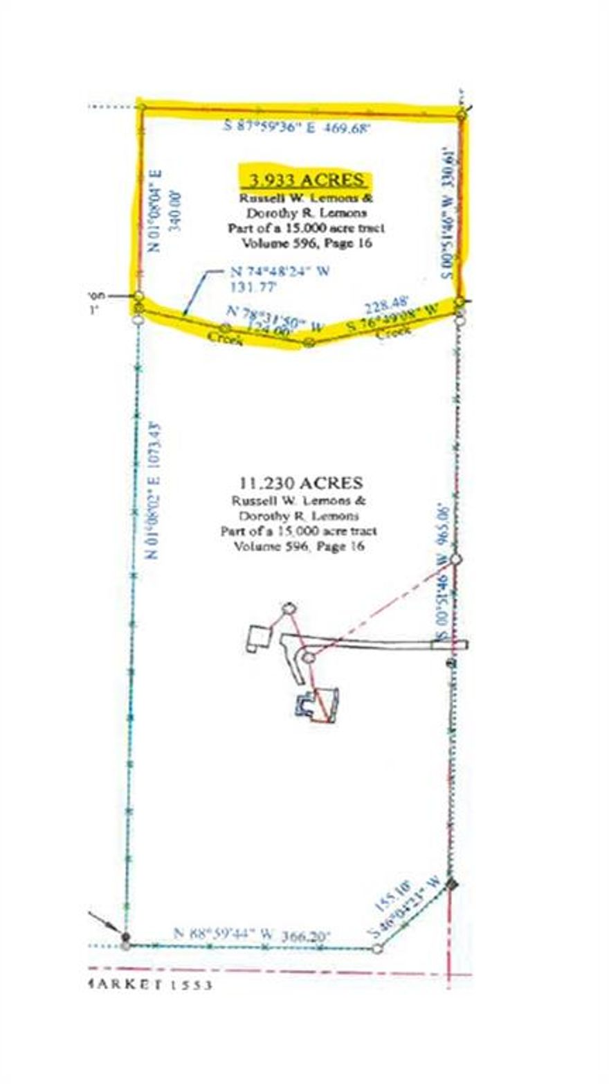 This is 3.933 acres out of 15 acres is waiting for an approval of a One Time Severance for less than 5 acres. It has a new survey and aerial pic's. This nice piece of property has water and electrical service available so you can build your house, barn or whatever you want.  Your close to restaurants, church's, Walmart and major cities & the Metro plex for your social needs.  The Gate facing HWY 78 has been cleared.  Inside the fence and gate is two laps of moved pasture you can walk, 4 wheeler or drive around the pasture. The property is fenced on 3 sides.  The South side of the property is the middle of a creek. There is a horse in the pasture, so keep the gate closed.  This small piece of land has lots of opportunities and possibilities.