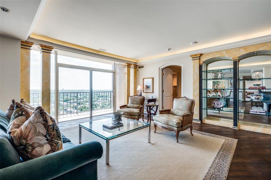 Welcome to a double unit currently available in the Bonaventure that includes exclusive private access to the 14th floor! This gorgeous 3,370 square foot condominium has beautiful panoramic views of Dallas from almost every room. Originally a combination of two floor plans taken down to the studs, this one-of-a-kind residence has 2 bedrooms, 2 full baths and an office. With 2 large living areas, an oversized kitchen with walk-in pantry, and a formal dining area with built-in bar, this home makes the perfect space for entertaining guests.  The large office off of the master bedroom with natural light and beautiful views makes it an ideal place to work from home or catch up on personal emails. End the day relaxing in the oversized primary bathroom with large walk in closet. Additional perks include two dedicated parking spaces and access to the Bonaventure’s top-tier amenities. Do not miss this opportunity to own one of the most stunning and luxurious condos in the Bonaventure!