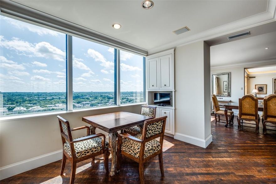 Welcome to a double unit currently available in the Bonaventure that includes exclusive private access to the 14th floor! This gorgeous 3,370 square foot condominium has beautiful panoramic views of Dallas from almost every room. Originally a combination of two floor plans taken down to the studs, this one-of-a-kind residence has 2 bedrooms, 2 full baths and an office. With 2 large living areas, an oversized kitchen with walk-in pantry, and a formal dining area with built-in bar, this home makes the perfect space for entertaining guests.  The large office off of the master bedroom with natural light and beautiful views makes it an ideal place to work from home or catch up on personal emails. End the day relaxing in the oversized primary bathroom with large walk in closet. Additional perks include two dedicated parking spaces and access to the Bonaventure’s top-tier amenities. Do not miss this opportunity to own one of the most stunning and luxurious condos in the Bonaventure!