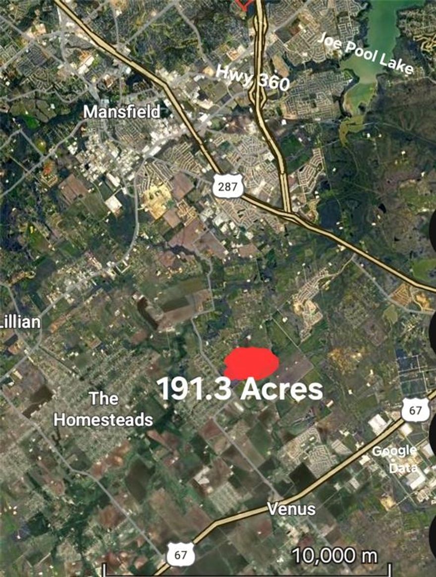 Land is a rectangle. Over 2,600 feet of frontage, Unincorporated and Undeveloped, Grand Prairie EJT. 150 acres are cleared with crops, approximately 41-acre greenbelt. Private Road splits land from FM 157 to east end of land. Entrance is from FM 157. Three high electric towers run along the east side of land BUT not on the land. TXDOT is widening FM 157 from 2 lane rural to 4 land urban. Multiple developments include master planned communities, apartments, light industrial, commercial, retail, office. Southeast Connector feeds directly into area. Perfect location between Dallas, Fort Worth and DFW airport.