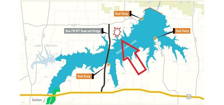 Prime waterfront unimproved land on the recreational side of the new Bois d'Arc Lake.  This portion of the lake is less than an hour in proximity from the DFW Metroplex.  The easy access from the northern portion of the FM 897 bridge allows for a quick trip to nearby grocery stores, restaurants and shopping.  This 226 acre + or - parcel is currently zoned for single family homes and has a wildlife tax exemption.   Old Oak trees, rolling hills and a prime location near the lake bridge with lake views as well as plentiful water front.  This lake front parcel is ideal for a development.  S Buyer and their agent are responsible for verifying any and all information related to this listing and a appropriate due diligence period will be granted.