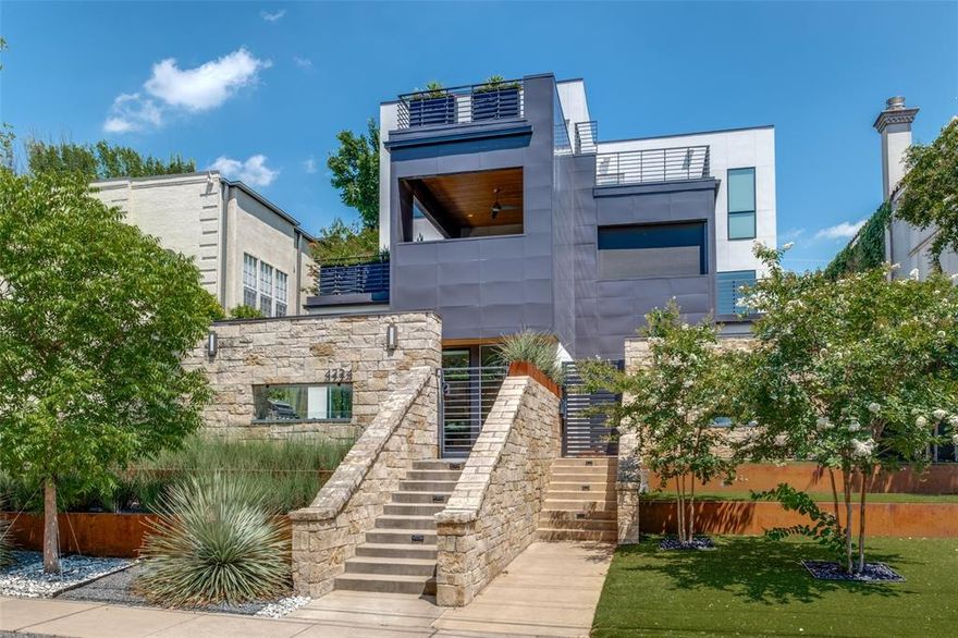 Harness the power of luxury living with this masterfully conceived modern home, situated behind a private walled courtyard, across from the Katy Trail. Impeccably designed with amazing architecture and furnished with impeccable taste, it offers serene spaces for living, art, and entertaining. Surrounded by the finest establishments this home is located in one of the best neighborhoods in Dallas for walking, close to many of the city’s premium amenities. A refined palette of materials, including museum-finish walls and a combination of amazing floor surfaces, create a sophisticated aesthetic. On the first floor, you’ll find an entry, fabulous kitchen with top-of-the-line appliances, spacious living and dining areas, and large windows letting in natural light and views of the fireplace within the private courtyard. The three-story home contains three bedrooms, a game room, and a gym, as well as multiple patios, making it the ideal serene oasis in the center of the bustling city.