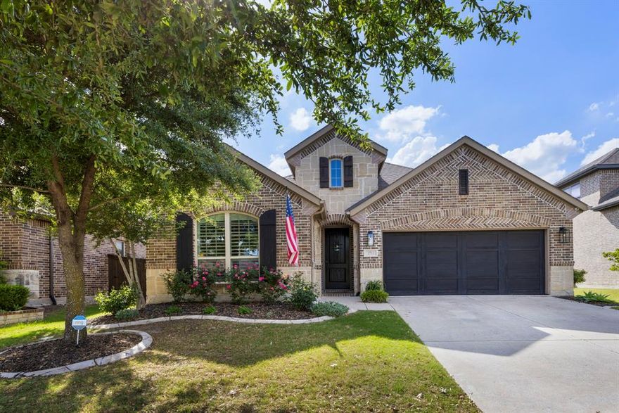 Executive-level living with high-end finishes and many upgrades in this one-story home. The custom front door and beautiful wood flooring lead to two secondary bedrooms and a full bath. Continue down the hallway, past a dining room that can be used as a study or office, accented by French doors. Open concept living area with a stone-accented gas fireplace and an eat-in gourmet kitchen with an updated chandelier. The great room opens to the kitchen, featuring a commercial 6-burner gas range, beautiful venting hood, convection oven, an island breakfast bar, stainless steel appliances, wine storage, and a newly installed farmhouse sink. The primary suite is tucked in the back of the house with separate vanities, a deep garden soaking tub, and a large walk-in closet. Step outside to the backyard with a beautiful covered patio, stamped concrete, a built-in grill, and a Green Egg. Spend time relaxing and unwinding outdoors. Plantation shutters throughout. Laundry with built-in cabinetry. Pride of ownership shows here.