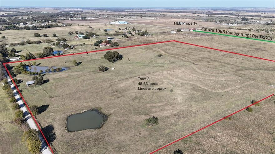 Prime 45.33-acre tract located just off Coffey Road, in close proximity to FM 1385 and Mustang Road. This property sits near the future H-E-B site and is surrounded by major residential and commercial developments. The planned realignment of FM 1385 will bring the roadway to within just a few hundred feet of the property, greatly enhancing accessibility and long-term value.

Ideal for investment, residential development, or future commercial use.

Disclaimer: All information contained herein is deemed reliable but not guaranteed. Buyer and buyer’s agent to verify all information, including but not limited to acreage, boundaries, zoning, schools, utilities, and development potential.