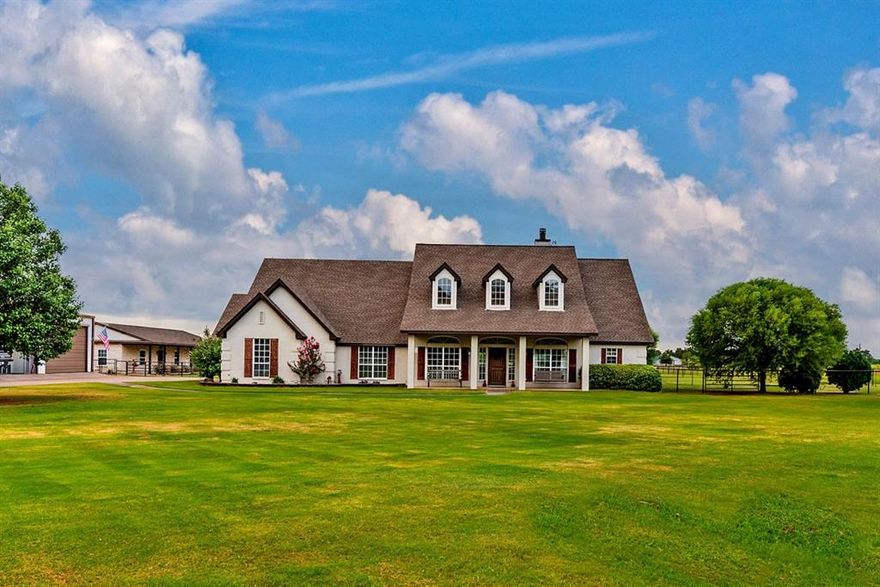 BUYER LOAN FELL THRU BACK ON MARKET! 7 acre HORSE RANCH w 8 STALL BARN, half acre LIT ARENA, 1200sq ft WORKSHOP w ELECTRICITY and RV height, huge POOL, 220sq ft fenced and COVERED CHICKEN coop, amazing SEPERATE 1120 sq ft BUNKHOUSE for guests-READY FOR NEW OWNERS! THE MAIN house at 3264 sq ft has 3 bedrooms, STUDY, FORMAL DINING, HUGE FAMILY ROOM, updated OPEN KITCHEN, BRIGHT breakfast nook, BUTLERS PANTRY with WINE fridge and COOLER, upstairs GAMEROOM! All the upgrades - GRANITE, kitchen ISLAND, WOOD FLOORS, CERAMIC TILE, smooth COOKTOP, SS appliances, ORB lighting, STONE fireplace! The property has a GATED ENTRANCE, STORM SHELTER access from secondary bedroom, huge COVERED BACK PATIO, pool with DIVING BOARD and SUN DECK, PIPE and NO-CLIMB fencing and CROSS FENCING, two 24x12 BARN STALLS and six 12x12 stalls with WASH STATION and TACK ROOM! SEPARATE BUNKHOUSE has 2 beds, 1 bath, FRONT PORCH and 800sq ft of SCREENED in PATIO! Seller may consider selling additional back 10 acres.