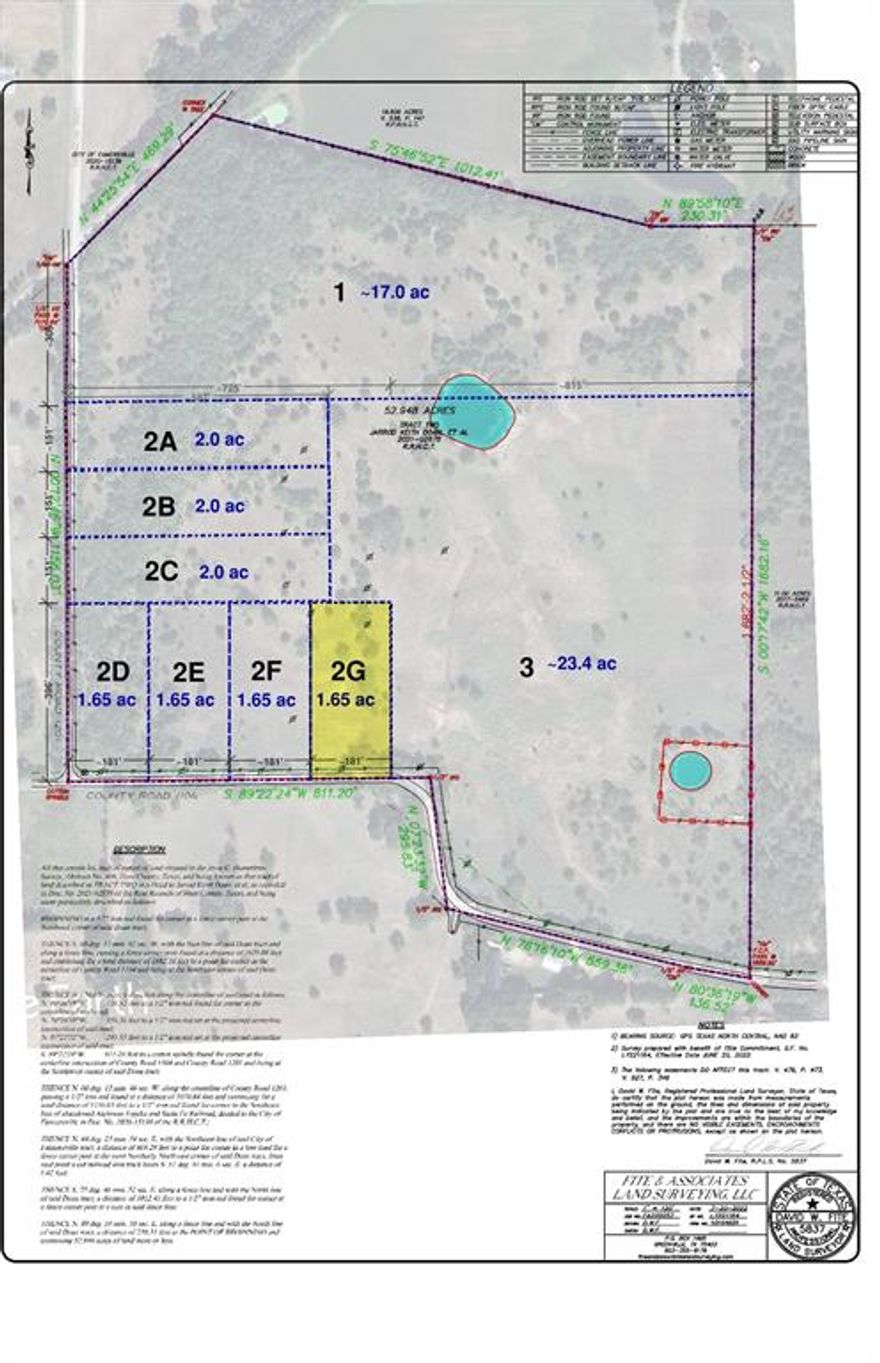 This 53-acre tract offers a unique combination of natural beauty, recreational access, and development potential. Located along the picturesque and historic Northeast Texas Trail—adjacent to the Chaparral Bike Trail and a short drive from downtown Farmersville—this property is a haven for nature lovers and investors alike. Enjoy abundant wildlife, open native pasture, and lightly treed areas with sandy loam soil. The land is level, fenced, and includes two stock ponds. It is AG-exempt with no deed restrictions, offering flexibility for a variety of uses. Per survey, around half of the property is bordered by road and trail frontage, providing excellent access and subdivision potential: 1,803 ft. on CR 1104; 1,156 ft. on CR 1201; 469 ft. on the trail. Utilities include water and electricity available at the road (buyers to verify availability and access). The property is bordered by luxury homes, enhancing its appeal and future value. Whether you're seeking a private retreat, agricultural use, or development opportunity—this property checks all the boxes.
This listing represents Parcel 2G: 1.65AC of the 53-acre tract and is ideal for agricultural, residential, recreational, or development use.
Additional listed tracts are available, including 1.65-acre, 2.5-acre, 17.3-acre, and 21.6-acre plats. Pricing: Parcel 1 – $544,000; Parcels 2A, 2B – $110,000 each; Parcel 2C – $114,000; Parcels 2E, 2F, 2G – $94,050 each; Parcel 2H, 2I – $55,000; Parcel 3 – $678,600. Custom configurations available upon request. Note: The subdivision plan is proposed and not yet platted. Once the buyer is committed to a location and final parcel size, the plat plan will be done prior to closing.