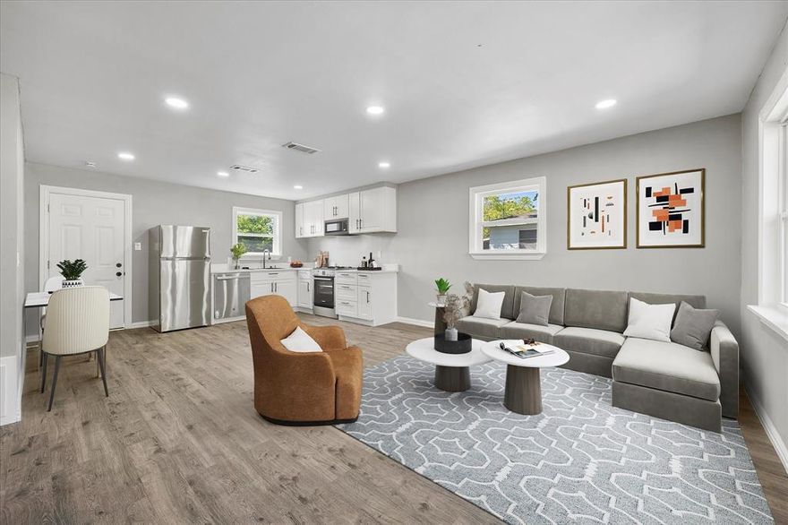 MUST SEE THIS ADORABLE HOME!!! FULLY UPDATED and Move-in Ready!  3-bedroom, 1 full bath Home with an expansive, cedar trimmed and covered front porch for sipping coffee and enjoying this fall weather.  Metal Roof, New Windows, new Interior and Exterior Doors, including hardware, and fresh paint inside and out!  Step inside the front door into the heart of this home, the large, open concept living, kitchen, dining area. You’ll find luxury vinyl plank flooring, new appliances, and new ceiling fans throughout.  The all-new kitchen features beautiful white shaker style cabinetry with hardware, granite counter tops, and a deep double-sink with some very fancy features! Refrigerator will convey with acceptable offer. The home is light and bright with updated lighting, including can lighting installed. The bathroom showcases a gorgeous tiled walk-in shower with a modern rain shower head with a handheld sprayer, a new vanity, with a waterfall faucet, and tile floor. The HVAC has been updated to add efficiency with heating and cooling. Before you go, don't forget to check out the huge backyard, great for kids, dogs and entertaining your friends and family! This home is perfect for first time home buyers and new families starting out. Come and tour this Gem! All information deemed reliable. Buyer and or Buyer's Agent to verify all information including square footage, schools, utilities, HOA information, and all other information.