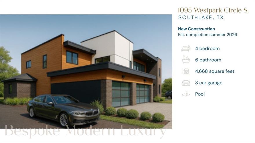 An exceptional opportunity to secure a bespoke modern luxury estate by Ground Up Homes, ideally positioned on a .25-acre corner homesite at T.W. King and Westpark Circle South in Southlake. Currently in the permitting phase with estimated completion in Summer 2026, this architecturally striking residence offers a rare opportunity for the buyer to personalize interior materials and finishes prior to completion while preserving the integrity of the approved elevation and floorplan. Spanning 4,668 square feet, this modern showpiece is defined by clean architectural lines and thoughtfully curated living spaces. It's elevated entertainment and simultaneously cozy. The open-concept main level is anchored by a dramatic two-story great room that connects the living, dining, and kitchen areas, complemented by a dedicated bar and wine room for the refined host. A fully appointed prep kitchen enhances functionality and adds storage. 

The residence features four spacious bedrooms, each with a private ensuite bath, along with two additional powder baths for guests. A private front office offers an ideal executive workspace, while the second level is designed for recreation with a game room and media room. Dual laundry rooms on both levels provide added convenience, and the three-car garage offers safe storage.
Outdoor living is equally impressive, featuring a resort-style pool, hot tub, 327-square-foot covered patio with fireplace, and outdoor kitchen—creating a true year-round luxury retreat. 

With no HOA and zoning to Northwest ISD, plus open enrollment opportunities to Carroll ISD, this property is a rare breed. Opportunities to secure a new construction modern estate of this caliber, in this location, and with the ability to influence interior design selections are exceedingly uncommon.

Secure this extraordinary residence early to bring your personal touch. Exclusive private tours are offered with Listing Agent, Jodi Gaines.