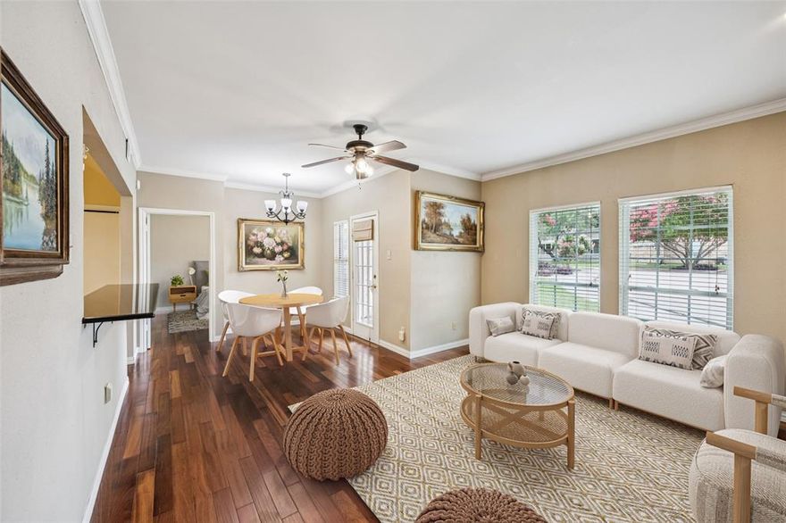 Welcome to easy living in this charming 939 sq ft FIRST-FLOOR CONDO WITH ATTACHED GARAGE, perfectly blending comfort and convenience! Featuring 2 spacious bedrooms, 1 full bathroom, and an additional half bathroom, this home is designed to meet your needs with a stylish open concept layout, hardwood floors, and updated kitchen and bathrooms. The kitchen, with newer appliances, flows seamlessly into the dining and living areas which are flooded with natural light, creating an inviting space ideal for everyday living and entertaining. A rare first-floor location means no stairs to worry about, making coming and going a breeze. Step out the back and enjoy your proximity to the sparkling pool—it’s like having a resort-style amenity in your own backyard! The attached garage offers added convenience and security, with direct access to your unit and 6X4 nook for storage. Another huge perk? HOA fees include: water, sewer, trash & recycling, property & general liability insurance for the common elements, building exterior + foundation maintenance & repairs (excludes windows), landscape maintenance service, and pest control - helping keep monthly expenses more predictable and manageable. This home offers the perfect balance of privacy and community, with well-maintained surroundings and a peaceful atmosphere. Whether you're a first-time buyer or looking to downsize, this condo has all the essentials and more. Don’t miss your chance to own this low-maintenance, high-comfort gem in a desirable location with walking distance to multiple grocery stores (Aldi, zTao), restaurants, shopping, and the Medical Center of Plano. This unit is located in the top-rated Plano ISD and is only 11 minutes from the UT Dallas campus. Schedule your showing today!