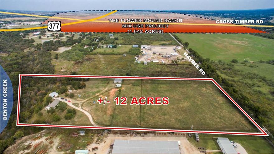 This ±12.0-acre tract nestled in the heart of Flower Mound presents many unique development opportunities. Positioned adjacent to the future 1,042-acre Flower Mound Ranch Mixed Use Development, the site will enjoy connectivity to a walkable village with open space, trails and urban streets. It also has great access with 0.86 mile to Hwy 377 and 1.08 mile to Cross Timbers Rd.

The property includes a recently renovated 1,594 square foot house, a three-car garage, a barn with 6 stalls, and pastures. Backed by Denton Creek, the site offers a unique trail access to Grapevine Lake. 

Site is mostly zoned Agricultural for tax exempt. Prime property for personal use, development, or long-term investment.
