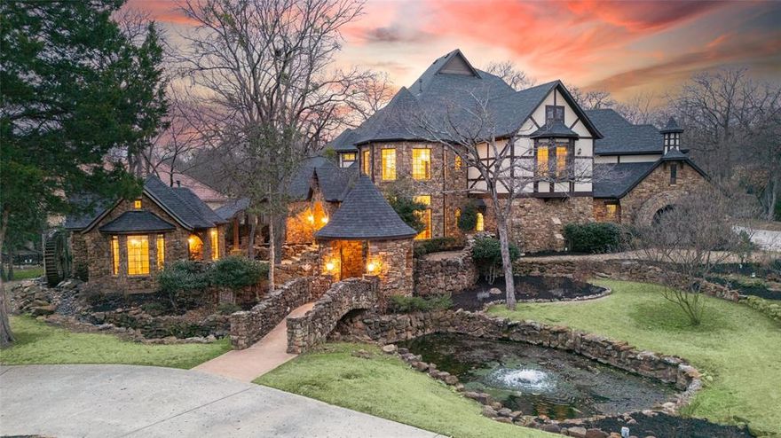 Once in a lifetime opportunity to raise your family in the most MAGICAL English castle in prestigious gated & guarded Estates at Tour 18. Updated throughout in 2021, on heavily treed 2+ acre golf course lot complete with private stocked fishing pond, pool-spa, outdoor kitchen, putting green, & fire pit. Conveniently located near guarded neighborhood entrance with impressive exterior and arched foot bridge to your charming courtyard entrance. The interior is straight out of Architectural Digest, including a separate fully equipped caterer's kitchen off the main gourmet kitchen, detached 560 sqft guest house (living, dining, bedrm, bath, mini kitchen), TWO utility areas (up & down), playful 3rd story magical imagination spaces in 3 upstairs bedrooms, media room w box office ticket counter, stage & dressing rm. What a dream for a child's imagination! Home office w vaulted, beamed ceiling. Ensuite yoga-meditation room off primary. His-hers toilets. Roof 2023. One-of-a-kind DREAM HOME!