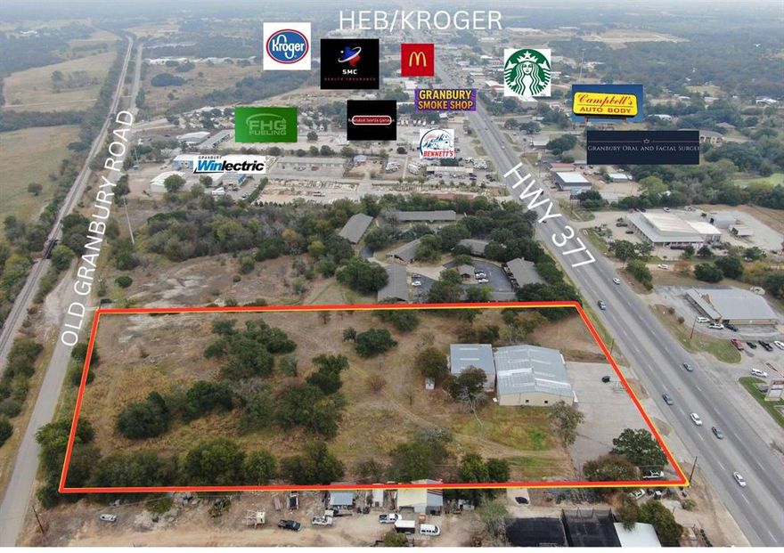 LOCATION is key to SUCCESS. Located on Hwy 377 between Bypass cutoff for town and Hwy 4 HEB-Kroger intersection.  Almost 40K+ per day traffic count on HWY 377 & EVERYONE in Hood County has to pass through this corridor to go north or south.  325' of Hwy 377 frontage and 353' of frontage on Old Granbury Rd.  City water & sewer available. Property may be exempt from sewer moratorium depending on type of business. Building has metal siding - metal roof, with 18’ & 20’ ceiling heights. Building is a total of 10,200 SF with 4 grade level overhead doors, 1 is 10’Wx 12”H, and 3 are 8’Wx 8’H.  No HVAC, no plumbing, no insulation. New survey, topo, & tree survey available. Information deemed reliable but Buyer & Agent should verify. Buyer & Buyers Agent to verify all permit requirements with City of Granbury.