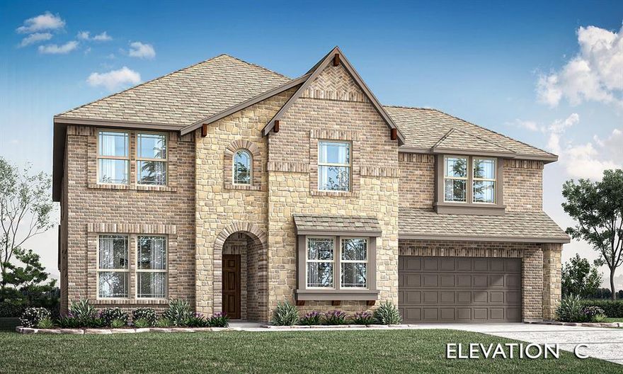 NEW! NEVER LIVED IN. Ready DECEMBER 2025! Welcome to Bloomfield Homes' Bellflower II, a showstopping 2-story home that pairs grand design with modern livability. The brick-and-stone exterior with architectural detailing, wood accents, and an 8’ 5-lite front door makes an impressive first impression as you step into a bright foyer lined with laminate wood flooring that continues through the entry, study, dining, and family room. Just off the entrance, the private study with glass French doors offers a quiet retreat for work or focus. The open-concept family room soars with vaulted ceilings and a stacked stone fireplace extending to the ceiling with a modern box mantel and stone wrap, while natural light pours in from large picture windows. The Deluxe Kitchen is built to inspire, showcasing Level 5 Vinci quartz countertops, Charleston Maple cabinets in Pure White, under-cab and pendant lighting, stainless steel appliances including a double oven, a farmhouse sink with a pot filler, and a large island with cabinet wrap. The adjacent breakfast nook opens to the covered patio with a gas drop, ideal for relaxed outdoor dining. The primary suite is tucked at the back of the home, complete with a spa-style bath featuring dual vanities, upgraded quartz surfaces, tile flooring, and a massive walk-in closet. A second bedroom suite with an attached bath sits downstairs, while the upstairs opens to a game room and a media room—perfect for entertaining—along with two additional bedrooms and a third full bath. Additional highlights include a 2.5-car garage with a dedicated outlet, uplighting at the front of the home, a floodlight at the back, full gutters, stained fencing, and a sprinkler system. Every detail is elevated for comfort and beauty in this exceptional Bellflower II—visit or call Bloomfield Homes today at West Crossing in Anna to see it for yourself!