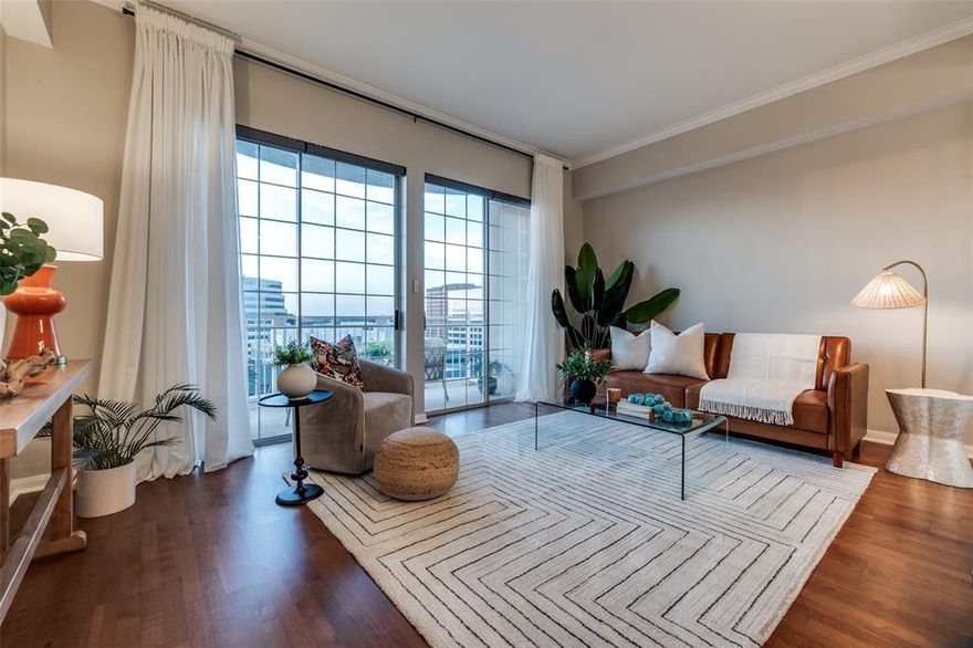 Located in the heart of sought-after Turtle Creek, this high-rise residence offers an unbeatable location with easy access to the Katy Trail, scenic walking paths, Uptown, Downtown, UT Southwestern Medical Center, Baylor Dental School, top restaurants, shopping, and vibrant green spaces.
Perched on the 12th floor, the unit features expansive views and abundant natural light, with two sliding glass doors opening to a spacious patio. The interior includes granite countertops, wood flooring, a kitchen breakfast bar ideal for entertaining, and a separate utility room. The concrete structure provides excellent sound insulation for added comfort.
Residents enjoy a full suite of amenities, including two fitness centers, two conference rooms, poolside cabanas, gas grills, fire pits, two business centers, and access to two guest suites. Concierge desks are staffed 24-7. HOA fees cover building insurance, water, sewer, trash, and basic cable.
Additional building amenities include valet parking for guests, a lap pool, spa, sauna, lounge areas, and outdoor barbecue stations. This unit also offers convenient access to the elevator and trash chute, along with an assigned parking space in a prime location for quick entry and exit.