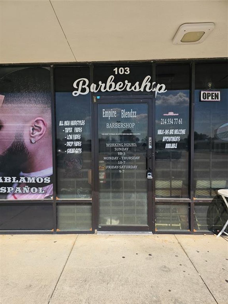 Retail store for lease, unit 103, 800 square footage, mixed-use shopping center. Formerly used as a barber shop, the unit can be used for multiple purposes. It's ready to move in. Location is ideal and great for a small business starter, surrounded by a residential neighborhood.