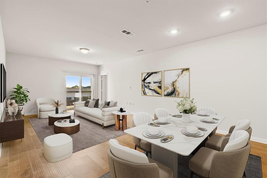 LOCK AND LEAVE lifestyle in this Active Adult 55+ community. Enjoy secured access and a beautiful lobby entrance with exterior maintenance provided. This Dorset plan features an open concept floorplan with 9' ceilings throughout, stainless steel appliances, granite kitchen countertops with designer backsplash. Kitchen has large walk-in pantry and beautiful island with room for seating leading into the dining and living areas. Wood flooring in all common areas with upgraded carpet in both bedrooms and blinds on all windows.  Condo is on the second floor with easy access to the elevator and a view of the fabulous amenity center just across the parking lot. Community includes beautiful swimming pool, fitness center, pickleball court, grilling stations, putting green, community garden boxes, yoga and event lawn and a picnic with fire pit area. Homeowner frequently organized events, dog park and weekly front door trash valet. HOA fee includes Hazard Insurance for buildings, landscaping, secure access, elevators and common area maintenance. Detached over-sized one car garage. Close to shopping, restaurants and major highways.