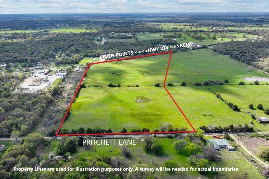 Attention developers! This 30.68-acre property in the City of Seven Points, Henderson County, boasts a level terrain, making it an ideal location for development. Situated just a few minutes from Cedar Creek Lake and offering 900ft of road frontage on HWY 274 with a second access on Pritchett Lane, this property presents an opportunity to establish an RV park, business, or upscale neighborhood with ease. Additionally, the property is located within the City Limits of Seven Points, which offers proximity to shopping amenities and a private neighborhood feel. Currently, the land is being used for hay production, and there is no known flood zones or restrictions. Water supply is available from West Cedar Creek MUD, and power is accessible from Trinity Valley Electric. This prime location awaits your vision and development plans.