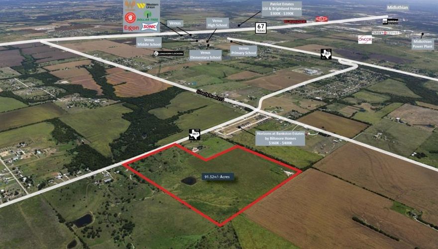 Vanguard Real Estate Advisors (“VREA”) has been exclusively retained by Ownership to offer qualified investors and developers the opportunity to purchase 91.52+- acres (the “Site”) located along FM-1807 in the Venus, Texas ETJ.

Venus is a rapidly growing city in Johnson County, with a strong median household income of $97,039, and has experienced an estimated population growth of 72.6% from 2020-2023. The city of Venus is conveniently located approximately 30 miles south of both the Dallas and Fort Worth CBD’s. The Site is strategically located near several single-family developments, including Biltmore Homes’ Horizons at Bankston Estates.

The Site has nearly a quarter mile of frontage along FM-1807, which connects to Interstate 35 West approximately 5 miles to the west. At an asking price of only $21,853 per acre, this is an excellent opportunity to acquire a site in the future path of development in one of the nation’s fastest growing MSA’s.
