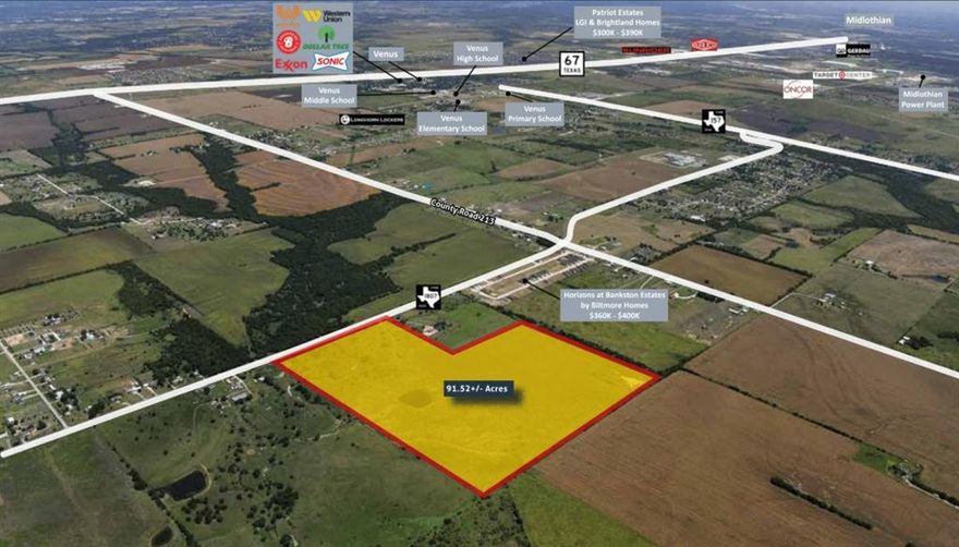 Vanguard Real Estate Advisors (“VREA”) has been exclusively retained by Ownership to offer qualified investors and developers the opportunity to purchase 91.52+- acres (the “Site”) located along FM-1807 in the Venus, Texas ETJ.

Venus is a rapidly growing city in Johnson County, with a strong median household income of $97,039, and has experienced an estimated population growth of 72.6% from 2020-2023. The city of Venus is conveniently located approximately 30 miles south of both the Dallas and Fort Worth CBD’s. The Site is strategically located near several single-family developments, including Biltmore Homes’ Horizons at Bankston Estates.

The Site has nearly a quarter mile of frontage along FM-1807, which connects to Interstate 35 West approximately 5 miles to the west. At an asking price of only $21,853 per acre, this is an excellent opportunity to acquire a site in the future path of development in one of the nation’s fastest growing MSA’s.