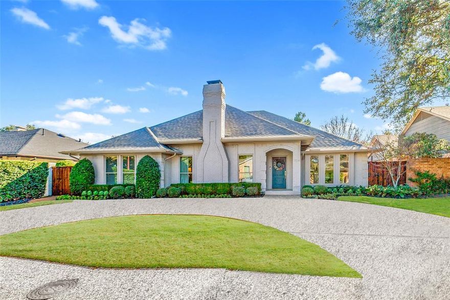 PRISTINE, light & bright, 1-level, and move-in ready! This Preston Hollow home has undergone a complete transformation and is open with abundant natural light! Wonderful floorplan with a dedicated study (offering French doors for privacy) and an open flow between the oversized living room, dining room, and kitchen. The spacious chef’s kitchen with quartz counters and subway backsplash features a breakfast bar, center island with storage and microwave, and top stainless appliances including a gas cooktop and double ovens. A huge walk-in pantry and breakfast room with patio views completes the stylish and functional layout. The enormous primary suite is a private haven with patio access and his-her separate baths, each with built-ins, commodes, skylights, and large walk-in closets. Each side has access to the oversized shower with frameless glass. Two additional bedrooms with walk-in closets enjoy a connecting bath with double sinks and a separate room hosting the tub-shower and commode for privacy. The spacious back patio and gorgeously landscaped yard are an absolute delight! Spend hours enjoying morning coffee or evening relaxation! Stellar location close to Northpark and Preston Center!  Additional amenities include an attractive half bath, 5-panel doors and designer fixtures, utility room with sink, tv flat screen wiring, attached 2-car garage with storage, and rolling driveway security gate!