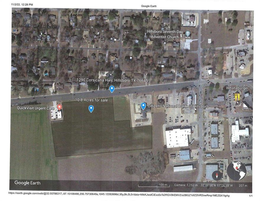 This 10.8-acre property is in a prime location, ideal for various commercial developments such as retail, medical offices, strip centers, restaurants, hotels, grocery stores, and more. With tremendous potential for developers, the site is strategically anchored by Citizens National Bank, First National Bank of Central Texas, and an Urgent Care Clinic.  Located in the growing community of Hillsboro, the property offers excellent visibility and accessibility. It is situated within 2 miles of the new Buc-ee’s and directly across from QuickTrip and an AT&T store, ensuring consistent traffic flow. Proximity to Interstate 35 is a significant advantage, providing an easy commute to major cities, including Dallas, Fort Worth, Waco, and Austin.  
The sellers prefer to sell the property as a whole but will consider pad sites of at least 1.5 acres. Pricing for pad sites will be determined based on size and location, at the seller's discretion. Don’t miss this excellent opportunity to invest in a high-growth area with strong commercial potential.