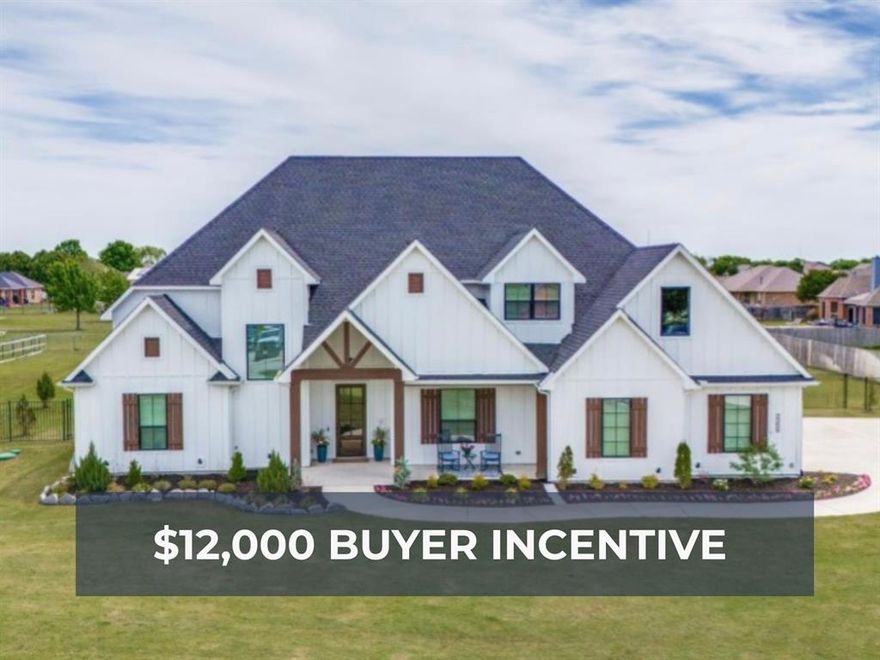 SELLER OFFERING UP TO $12,000 TOWARD BUYER CLOSING COSTS OR INTEREST RATE BUY-DOWN! Welcome to this absolutely gorgeous, recently built modern farmhouse, offering the perfect blend of luxury, efficiency, peaceful country living and prime location! Built in 2024 with exceptional craftsmanship and thoughtful design, this spacious home features over 3,800 square feet, 6 bedrooms, and 4.5 bathrooms, perfect for growing families or those who love extra space. The flexible floor plan includes two large living areas, a dedicated office, and a versatile sixth bedroom that can also serve as a media room with insulated walls for added sound control. From the moment you step inside, you’ll notice the elevated finishes and quality construction throughout. Built with 2x6 exterior walls using advanced framing and full spray foam insulation, this home was designed for superior energy efficiency and long-term durability. Additional upgrades include a high-efficiency HVAC system and an 80-gallon heat pump water heater, helping keep utility costs low without sacrificing comfort. The kitchen is both functional and impressive, featuring a massive walk-in pantry that provides exceptional storage. The oversized garage with an 8-foot door provides ample space for larger vehicles, trucks, or storage. You’ll also appreciate the two large walk-out attic spaces, already decked and ready for storage - something rarely found in new construction. Step outside to a large, oversized covered patio complete with a ceiling fan, overlooking the expansive backyard. Situated on a full acre, the entire property is irrigated, making it easy to maintain a lush lawn year-round. Enjoy the freedom of no HOA and a low tax rate while still being conveniently close to shopping, dining, and major highways. If you’ve been searching for a like-new home that combines modern farmhouse style, high-end efficiency, and functional space in a prime location, you've come to the right place!