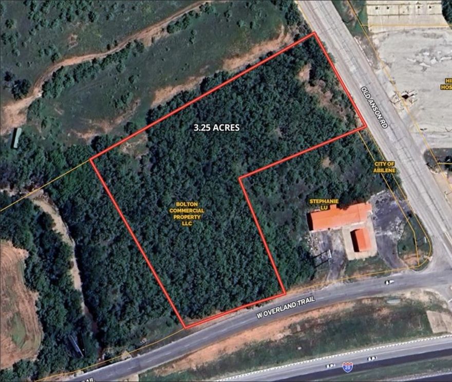 Unlock the potential of 3518 Old Anson Rd, a prime 3.25-acre commercial property in Abilene, TX. Cleared, level, and ready for development, this exceptional parcel is located just 2.36 miles from the world's largest AI infrastructure project, positioning it at the heart of Abilene's rapidly expanding innovation corridor. The property offers 205 feet of valuable road frontage along W Overland Trail, the direct access road off Interstate 20, ensuring outstanding visibility and ease of access for future business operations. With high daily traffic counts from both local and interstate travelers, the site provides a rare opportunity to establish a strong presence in a high-growth area. With utilities being nearby, it offers versatile options for retail, industrial, service, or office development. Its flat topography reduces development costs and speeds up project timelines. The proximity to key logistics hubs, downtown Abilene, and major regional routes makes this an ideal location for businesses looking to tap into a booming tech-driven market. Whether you're planning a logistics center, retail center, office park, or service business, 3518 Old Anson Rd provides the exposure, access, and flexibility to bring your vision to life. As the Abilene area continues to grow alongside its AI and innovation sectors, this site represents a compelling investment opportunity with long-term potential. Don’t miss the chance to secure a spot in one of Texas’ most promising commercial corridors.