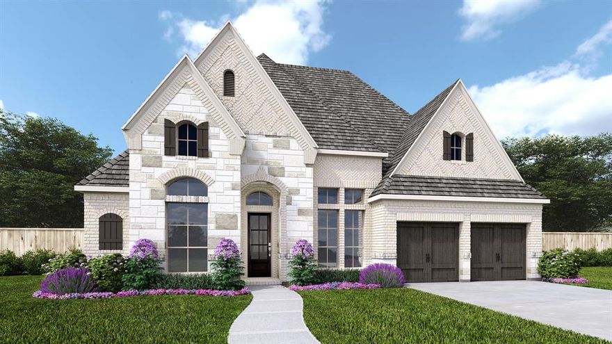 Entry and extended entry with 12-foot ceilings. Home office with French doors. Formal dining room. Game room with French doors. Family room with fireplace and sliding glass doors. Kitchen features an island with built-in seating space and a walk-in pantry. Morning area with wall of windows. Private primary suite with tray ceiling. Double door entry to primary bathroom with dual vanities, freestanding tub and separate glass-enclosed shower. Mud room. Covered backyard patio. Three-car garage.