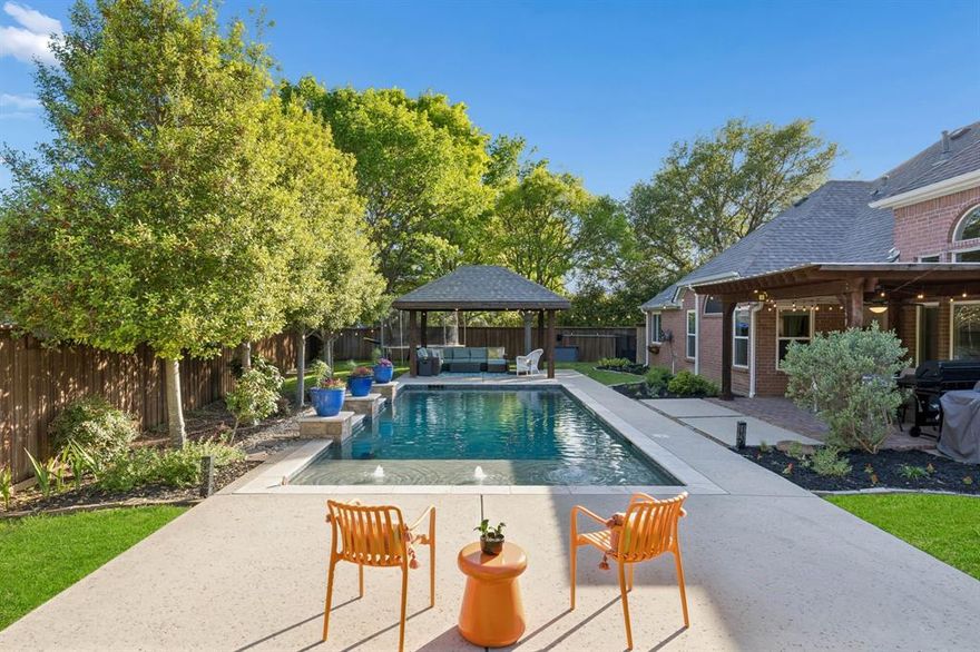 The true jewel of this home is the stunning backyard oasis. Enjoy a beautifully landscaped setting featuring a sparkling pool, spacious patio, and a charming cabana, all surrounded by lush green space. A dedicated dog run adds convenience in this generous yard.

Tucked into a quiet cul-de-sac, this 3-bedroom, 2-bath home offers an open and airy floorplan filled with natural light from abundant windows. The inviting living area showcases a cozy fireplace and flows seamlessly into the kitchen, complete with stainless steel appliances, ample cabinetry, a pantry, and a dedicated utility room.

The home features luxury vinyl plank flooring throughout, no carpet. The updated primary suite offers a spa-like bath with a walk-in shower and elegant freestanding tub, while the secondary bedrooms include thoughtfully finished closets.

Community has pools, tennis, playground, cabana, trails, lakes ... and more.