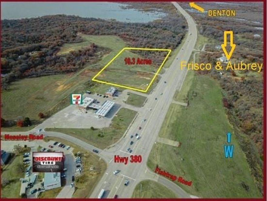 PRIME Commercial acreage on Highway 380 in Cross Roads between Denton and Frisco. 10.2 acres is zoned C-2 to include retail use with 1297 feet of highway frontage. A TXDOT approved entrance is in place with a shared access at Jacob's Liquor and 7 Eleven pad. No city taxes, electricity onsite, water nearby and septic is an option for immediate development. A beautiful wedding venue was recently built to the south and just to the east is Discount Tire, Medical office buildings and freestanding office buildings. This area is the last group of land parcels before entering into the city of Denton. No Flood Plain - higher elevation! Great investment opportunity!  Ready for development. At intersection of Hwy 380 and CR 377.  Current Hwy 380 widening does not affect this property.  Minutes drive to PGA, FiELDS development, upcoming Universal theme park.  DFW Airport and Dallas Lovefield airport within 45 minutes.