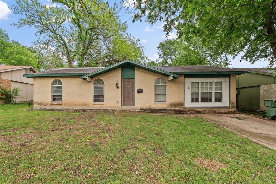 Investor special with exceptional upside in Garland! This is an as-is property. 214 Independence Dr is a 3-bedroom, 2-bath single-story brick home situated on a spacious lot in an established neighborhood with mature trees and strong curb appeal. The property features a functional floor plan with generously sized living areas, large windows that provide abundant natural light, a screened back patio and sunroom, and a large fenced backyard with plenty of shade and room for outdoor living enhancements. A detached storage shed offers additional utility and workspace potential. The interior condition reflects extensive renovation needs, making this an ideal opportunity for investors, flippers, or buyers seeking a full remodel project. Excellent potential to reimagine the existing layout and add significant value. Conveniently located near shopping, dining, schools, parks, and major routes including I-30 and I-635.